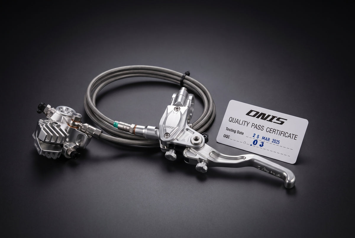 DNIS V6 six-piston rear brake kit in silver: caliper, coiled braided 170cm hose, and master cylinder with adjustable lever