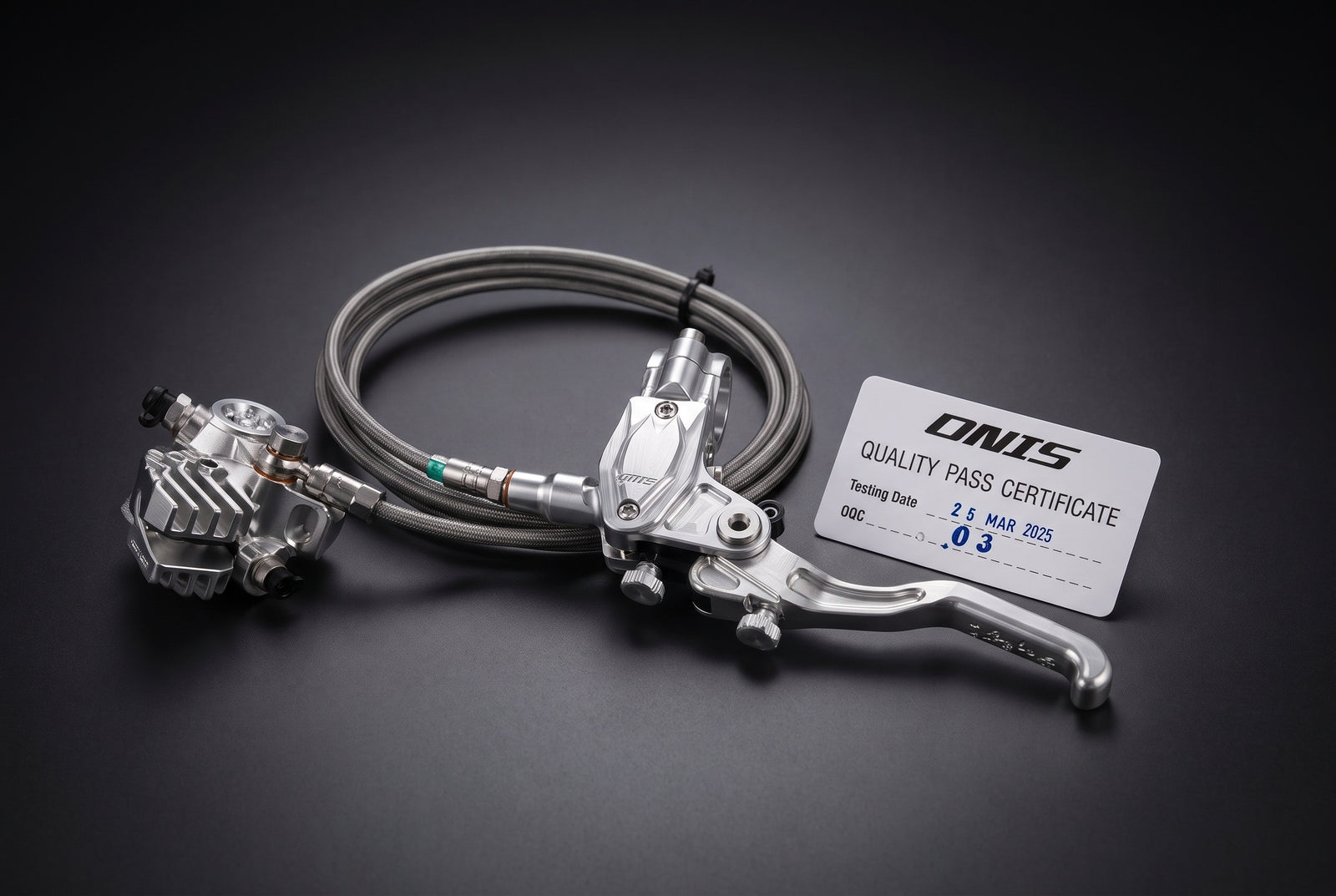 DNIS V6 six-piston rear brake kit in silver: caliper, coiled braided 170cm hose, and master cylinder with adjustable lever